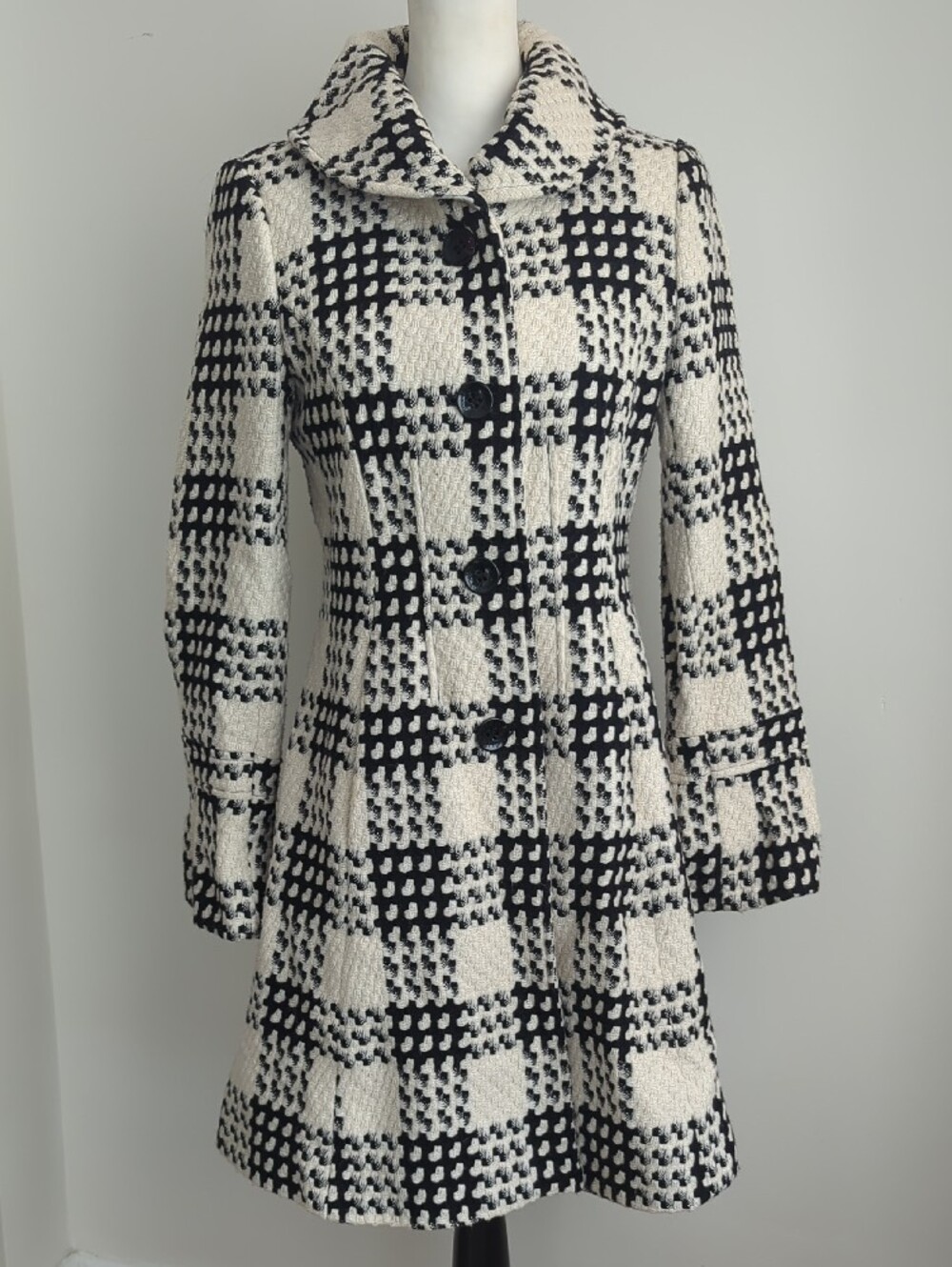 Via Spiga Vintage Monochrome Plaid Flared Skirt Bell Sleeve Winter Peacoat - Picture 4 of 13